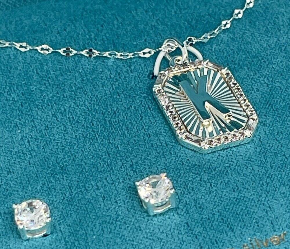 Silver Plated 'K' Initial Charm Necklace Earrings(2 Piece Set)Solitaire Stud NEW